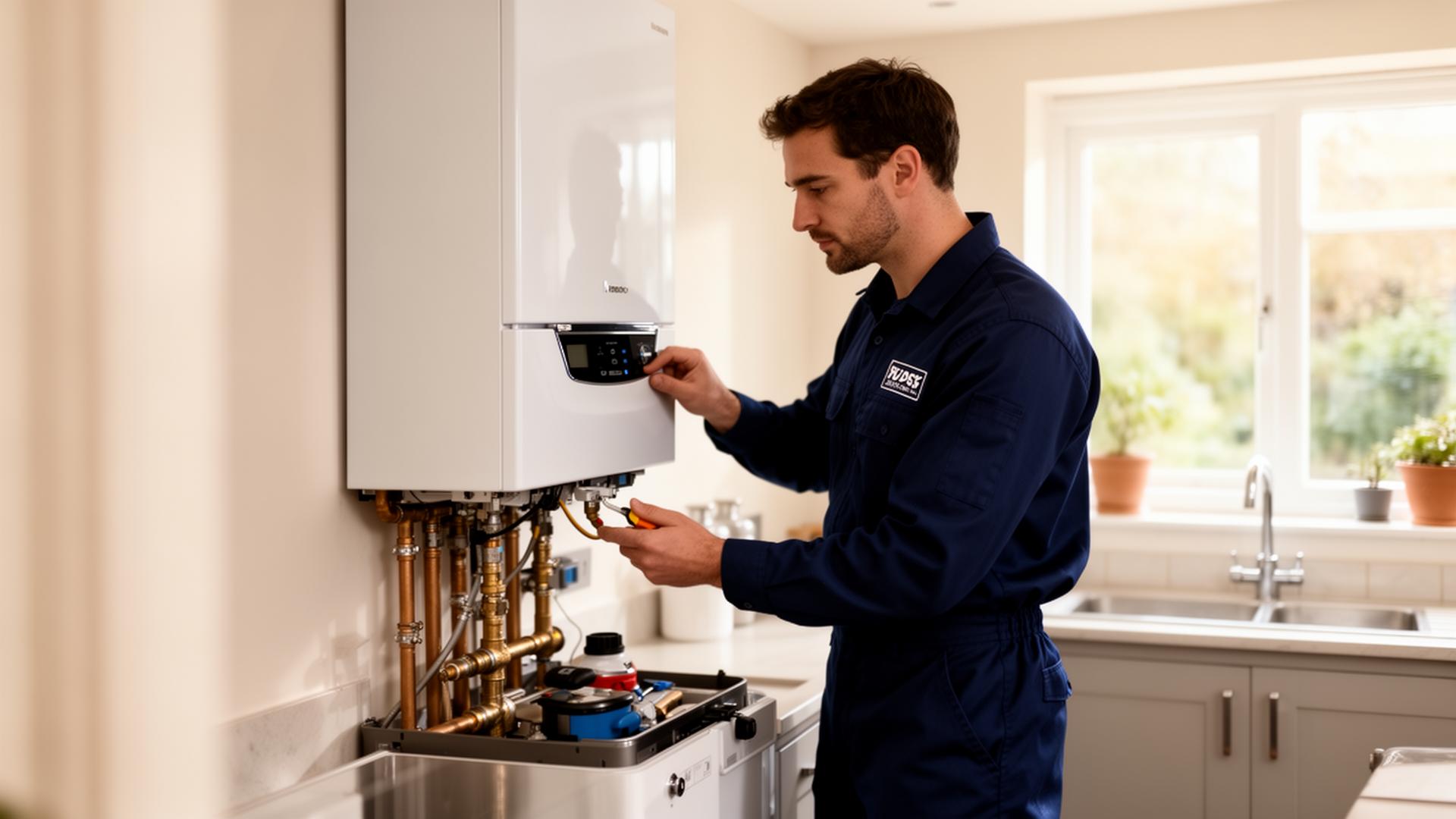 Gas Safe heating engineer servicing a boiler in a Bournemouth home